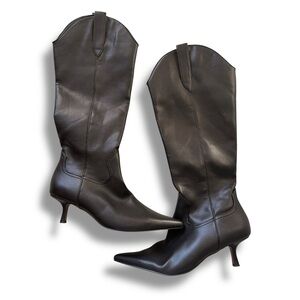 Steven Black Pointed Toe Kitten Heel Knee-High Boots – Size 7.5